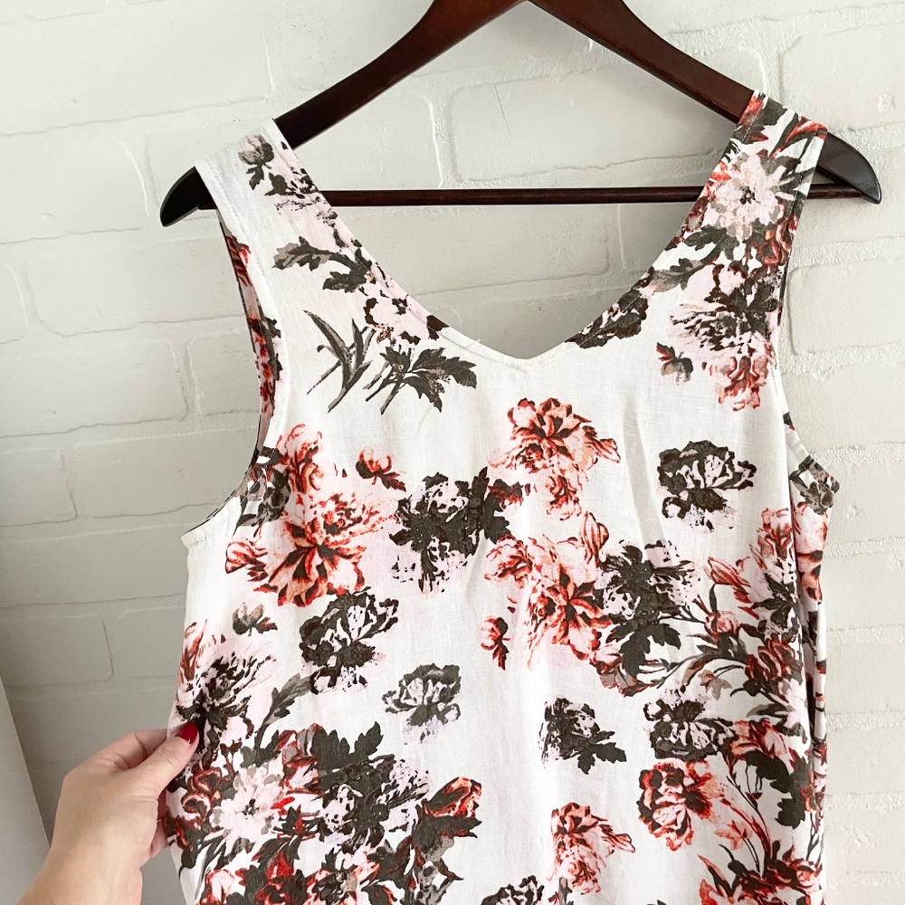 Romantic Linen Floral Midi Dress Ruffle Hem Effortless Chic Cream Olive Coral M - Picture 7 of 10